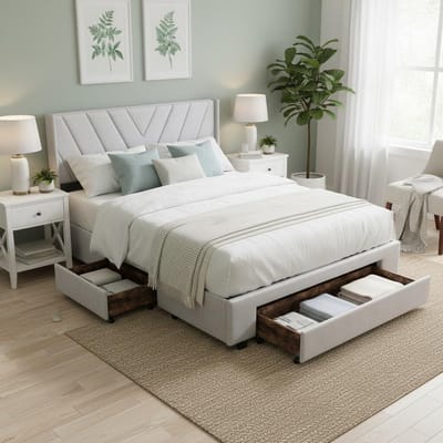 Gestoffeerd Bed - Linnen Bed - Opbergen - 3 Lades - 140x200 cm - Beige