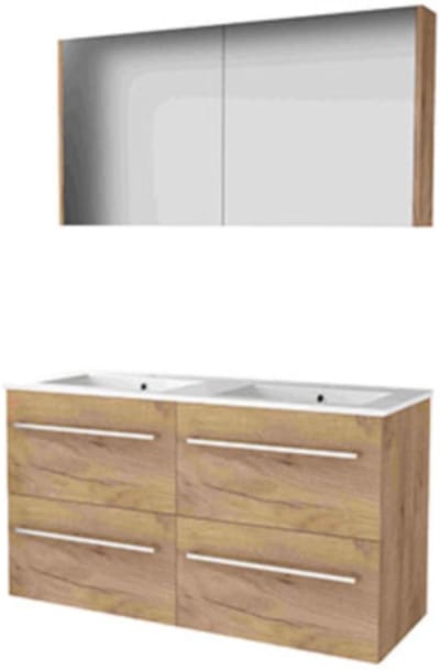 Basic-Line Comfort 46 Badkamermeubelset - 120 x 46 cm - Met Grepen - 4 Lades - Keramische Wastafel - 2 Kraangaten - Spiegelkast - Whisky Oak