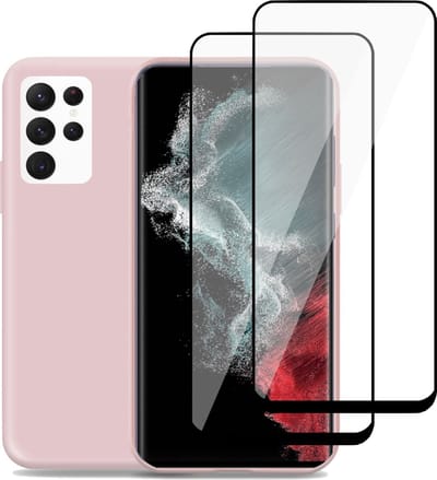 Hoesje geschikt voor Samsung S22 Ultra + Screenprotector – 2x Glass Pet Folie - Liquid Back Case Cover Rose