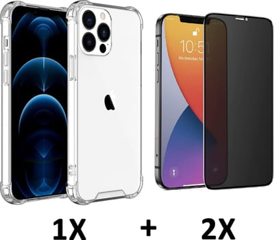 HB Hoesje Geschikt voor Apple iPhone 13 Pro - Transparant / 2X Privacy Glazen Screenprotector - Anti-Shock Hybrid Back Cover