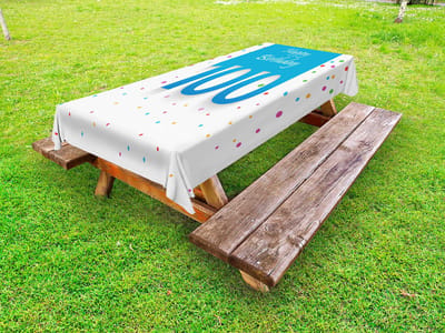 ABAKUHAUS kleurrijk buitentafelkleed, 100 jaar verjaardag, decoratief wasbaar picknicktafelkleed, 145 x 210 cm, witblauw