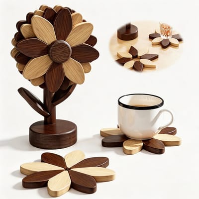 Houten Onderzetters - Set Van 5 - Zonnebloem Design - Stapelbaar Opbergbaar - Rubberhout - Hittebestendig En Antislip - Voor Kopjes/Borden/Hete Pannen - Voor Thuis/Cadeau - Donkerbruin - Diameter 12,9cm Per Stuk - 5 Stuks