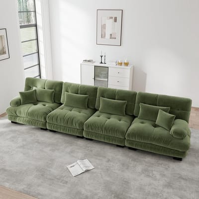 Komhtom Modulaire hoekbank voor 4 personen met diepe zitting, comfortabele en goed gevulde slaapbank van chenille voor de woonkamer, appartement, studio of kantoor, groen chenille