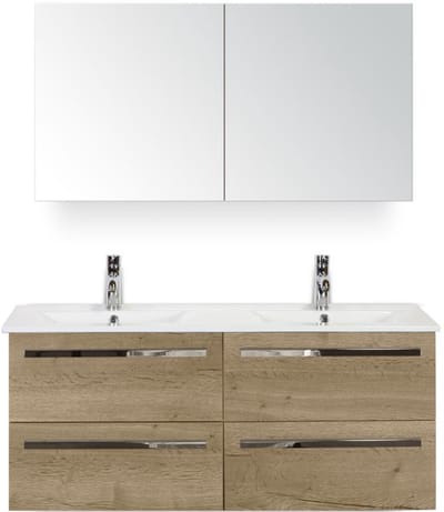 Seville Badmeubelset 120 cm - 4 Laden Natuur Eiken - Keramische Wastafel Wit Enjoy met Spiegelkast