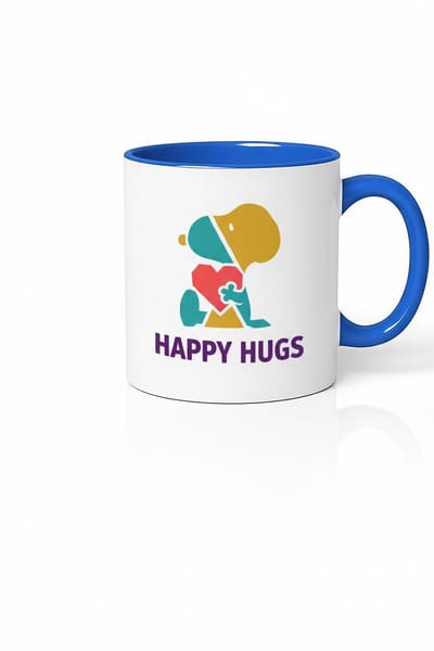 Mok Happy Hugs Design - Vrolijk Hondje en Hart - Blauwe Binnenkant en Oor - Keramiek
