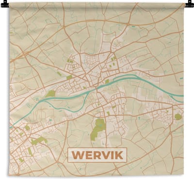 Wandkleed - Wanddoek - Plattegrond - Retro - Kaart - Wervik - Stadskaart - 180x180 cm - Wandtapijt