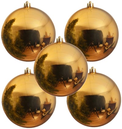 Decoris grote kerstbal - 5x - goud - glans - kunststof - 14 cm - onbreekbaar - kerstversiering - kerstboomversiering