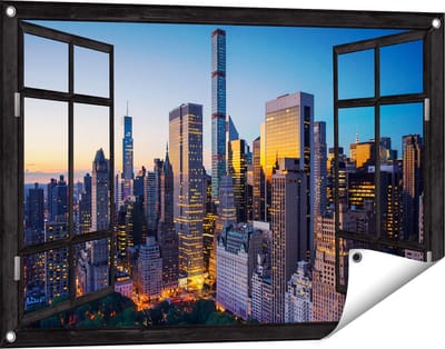 Gards Tuinposter Doorkijk New York bij Zonsopgang - 90x60 cm - Tuindoek - Tuindecoratie - Wanddecoratie buiten - Tuinschilderij