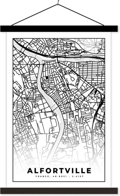Posterhanger incl. Poster 40x60 cm - Schoolplaat - Stadskaart - Frankrijk - Kaart - Plattegrond - Alfortville - Zwart wit - Textielposter - Zwarte latten - Stadskaart