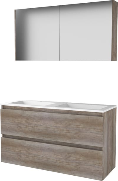 Basic Comfort 46 badmeubelset met spiegelkast, greeploze onderkast met 2 lades en acryl wastafel met 2 kraangaten, scotch oak