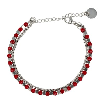 My Bendel - Zilverkleurige Dubbele Armband met Rode Glasstenen - Zilverkleurige Armband met Rode Glasstenen - Elegant Design - met Luxe Cadeauverpakking | Sieraden Voor Dames