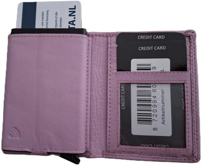 OI lila /roze leren portemonnee met Figuretta pasjeshouder en plaats voor klein geld / Compact portemonneetje met Cardprotector en muntvak / compleet beursje met RFID SAFE kastje / metalen pasjeshouder in anti skim portemonnee / lilac leer / 145LILA