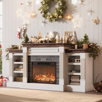 Open haard van 71 inch met schoorsteenmantel – tv-meubel voor tv’s tot 80 inch – entertainmentmeubel met opbergruimte – realistische stenen ombouw met afstandsbediening en 3D-vlammen – wit+bruin