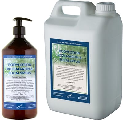 Bodylotion Rozemarijn & Eucalyptus 1 liter met gratis pomp - hervulbaar + Jerrycan 5 liter navulling