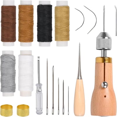 ByShane - Priem gereedschap set voor leer naaien en handwerk - 19 stuks met naald, draad, messing ring, spoel grijper - DIY leer gereedschapsset