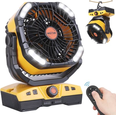 Campingventilator 20000 mAh - Oplaadbare Buitententventilator met Licht en Haak, 270° Draaibaar, USB Bureauventilator