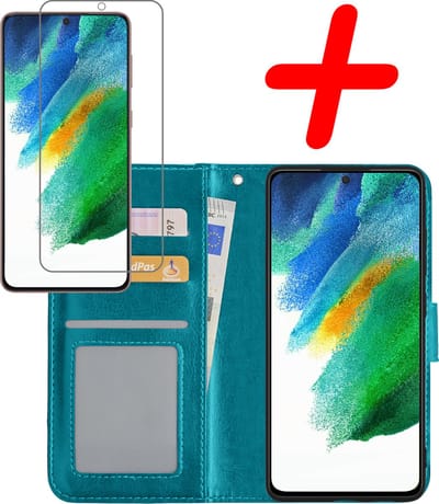 Hoesje Met Screenprotector - Geschikt voor Samsung Galaxy S21 FE - Luxe Pasjeshouder - Bookcase Portemonee - Flip Case - Kunstleer Book Case - Flipcase - Book Cover - Walletcase - Portemonneehoes - Turquoise