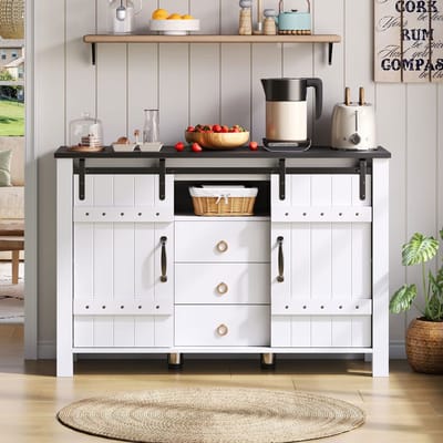 Pugsdrly Buffetkast met opbergruimte, bijzetmeubel van 120 cm breed met schuifdeuren en 3 lades, rustieke houten koffiebureau, geschikt voor de keuken, eetkamer en woonkamer, wit