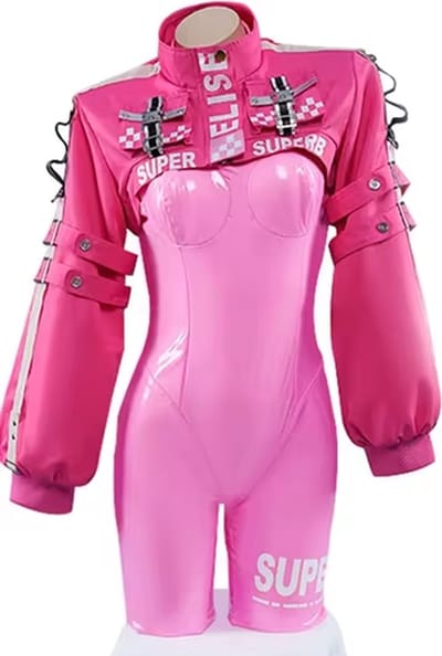 Luxe PU lederen cosplay set - Erotisch rollenspel - 5-delig - Roze - Bodysuit - Jas - Handschoenen - Sokken - Hairpins