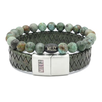 Milez - Armband set mannen - armband heren leer kralen - Mosgroen - Maat M