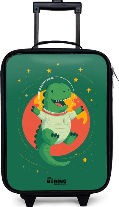 NoBoringSuitcases.com® - Kinderkoffer jongen - Kindertrolley meisje - Dino - Planeet - Sterren - Groen - Koffer kind lichtgewicht - Reiskoffer trolley voor kinderen - Koffertje met lichtgevende wieltjes - Rolkoffer zwart