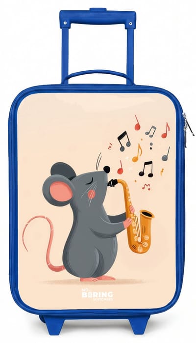 NoBoringSuitcases.com® - Kinderkoffer blauw - Kindertrolley jongen - Muis - Saxofoon - Muziek - Koffer kind lichtgewicht - Reiskoffer trolley voor kinderen - Koffertje met lichtgevende wieltjes - Rolkoffer