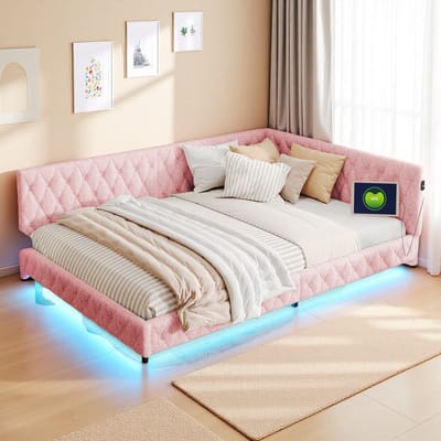 Roze Teddy Stoffen Sofa Bed 140x200 – Dubbelbed met LED-Licht en USB, Comfortabel & Modern Slaapbank Ontwerp
