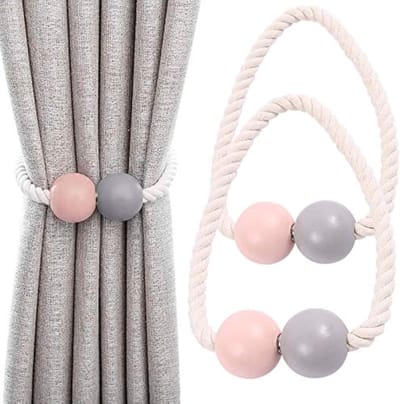 4 stuks Curtain Holder Magnetic，Curtain Tiebacks，Curtain Holder Wooden，Window Covering Holdbacks，Curtain Clips for Home, Dormitory, Office, Hotel Window Decorative, Pink+Grey