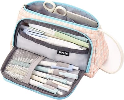 Grote Kleurige Canvas Opbergzak voor Stiften en Potloden, Pen Organizer met Kleurenzipper, Twee Openingsmethodes, School- en Kantoorbenodigdheden, Ruitpatroon Blauw