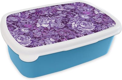 Broodtrommel Blauw - Lunchbox - Brooddoos - Kolibrie - Rozen - Paars - 18x12x6 cm - Kinderen - Jongen