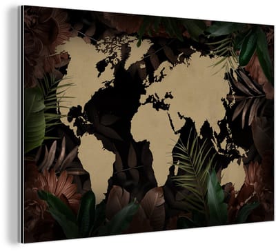 Aluminium schilderij 150x100 cm - Wanddecoratie metaal - Wereldkaart - Zwart - Tropische Planten - Metalen muurdecoratie woonkamer - Decoratie industrieel - Foto op dibond - Industriële accessoires slaapkamer