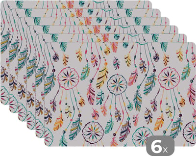 Placemat - Placemats kunststof - Patroon - Dromenvanger - Veren - Pluimen - 45x30 cm - 6 stuks - Hittebestendig - Anti-Slip - Onderlegger - Afneembaar