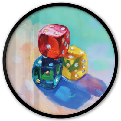 Poster in lijst Rond - Fotolijst 40x40 cm - Posters - Dobbelstenen - Kleurrijk - Getallen - Stipjes - Ronde posterlijst zwart - Decoratie - Wanddecoratie woonkamer - Muurdecoratie slaapkamer