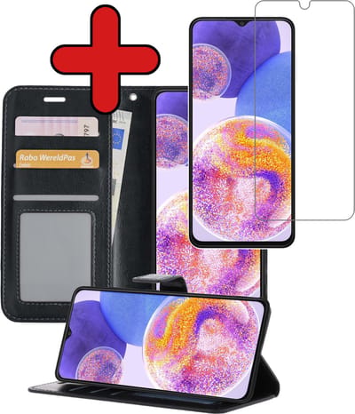 Hoesje - Met Screenprotector - Geschikt voor Samsung Galaxy A23 - Luxe Pasjeshouder - Flipcase - Bookcase Portemonee - Flip Case - Kunstleer Book Case - Book Cover - Walletcase - Portemonneehoes - Telefoonhoes - Zwart
