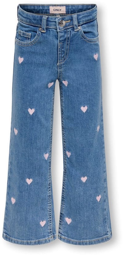 ONLY mini meisjes spijkerbroek JUICY WIDE LEG HEART Light Medium Blue Denim PINK HEART EMBROIDERY Wide Leg Fit