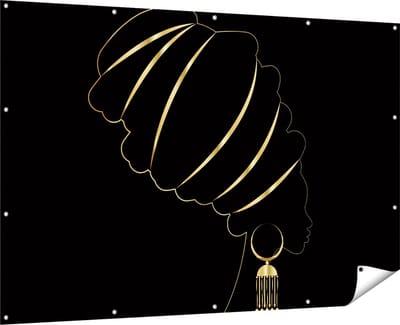 Gards Tuinposter Afrikaanse Vrouw met Gouden Zwarte Tulband - 180x120 cm - Tuindoek - Tuindecoratie - Wanddecoratie buiten - Tuinschilderij