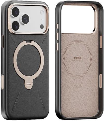 TORRAS Ostand Q Pro Leather - Hoesje Geschikt voor Apple iPhone 17 Pro - Compatibel met MagSafe - 360° Draaibare Magnetische Standaard - Back Cover Kickstand Ring - Zwart