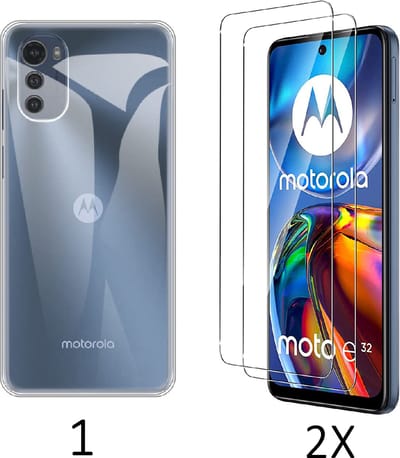 Casemania Hoesje Geschikt voor Motorola Moto E32 & E32S Transparant & 2X Glazen Screenprotector - Siliconen Back Cover