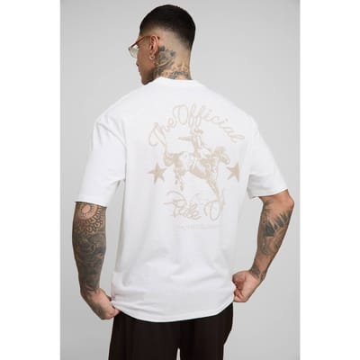 Lang Oversized Extended Neck Western Print T-Shirt | White | Size Small