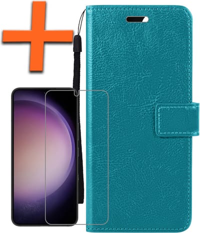 Hoes - Met Screenprotector - Geschikt voor Samsung Galaxy S23 - Luxe Pasjeshouder - Bookcase Portemonee - Flip Case - Kunstleer Book Case - Flipcase - Book Cover - Walletcase - PortemonneeHoes - Turquoise