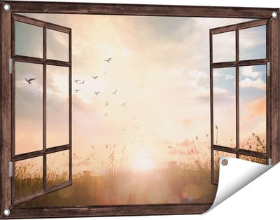 Gards Tuinposter Doorkijk Silhouet Vogels tijdens Zonsopkomst - 90x60 cm - Tuindoek - Tuindecoratie - Wanddecoratie buiten - Tuinschilderij