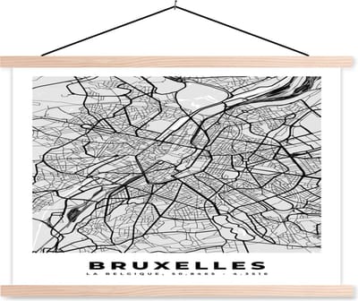 Posterhanger incl. Poster 90x60 cm - Schoolplaat - Plattegrond – Brussel – Zwart Wit – Stadskaart - Kaart - Textielposter - Blanke latten - Stadskaart