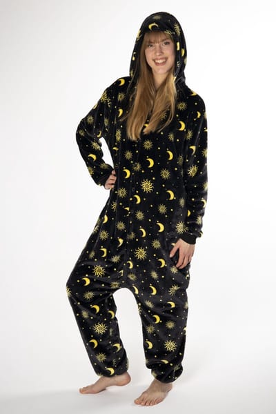 KIMU® Onesie Maan Zon Sterren Pak - Maat 128-134 - Sterrenpak Kostuum Zwart - Huispak Fleece Maantjes Pyjama Zonnetjes Sterretjes Kinderen Festival