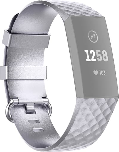 By Qubix - Compatible Fitbit bandje - geschikt voor Fitbit Charge 3 - Fitbit Charge 4 siliconen diamant pattern bandje - Maat: Small - Zilver - Horlogeband - smartwatchbandje