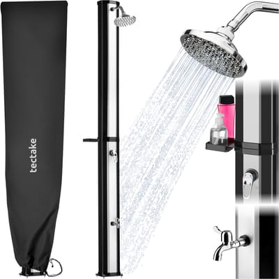 tectake® Buitendouche - Solar - 35L - Warm Water tot 60°C - Met Beschermhoes en Zeepbakje - Tuinslangaansluiting - Tuindouche met grote verstelbare douchekop en voetkraan - Zonnedouche - Campingdouche op Zonneenergie - Zwart/Zilver