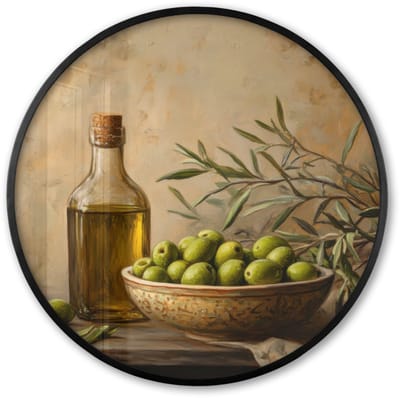 Poster in lijst Rond - Fotolijst 60x60 cm - Posters - Olijven - Stilleven - Vintage - Ronde posterlijst zwart - Decoratie - Wanddecoratie woonkamer - Muurdecoratie slaapkamer