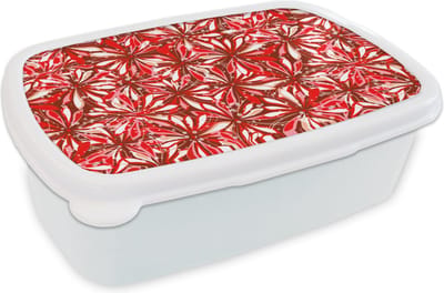 Broodtrommel Wit - Lunchbox - Brooddoos - Bloesem - Rood - Patronen - Bloemen - 18x12x6 cm - Volwassenen