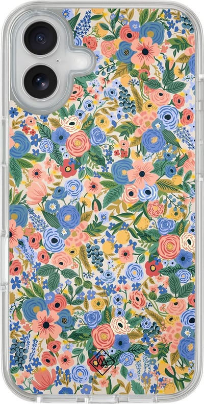 Casimoda® hoesje - Geschikt voor iPhone 16 - Blue Gardens - 2-in-1 case - Schokbestendig - Bloemen - Verhoogde randen - Blauw, Transparant
