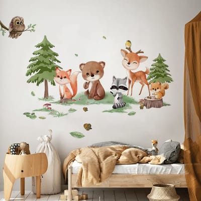 ONF3 - Bos Dieren Muurstickers - Schattige Beer en Vos - Muurdecoratie voor Kinderen - Eenvoudig aan te brengen - Geschikt voor Slaapkamer en Wo...