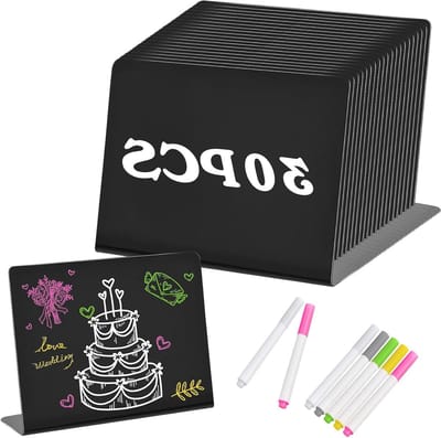 Erasable Plates in L-vorm, 30 stuks, 10 x 7,5 cm, inclusief 6 kleurige viltstiften, prijslabels en tafelnummering voor bruiloften, restaurants en buffetten